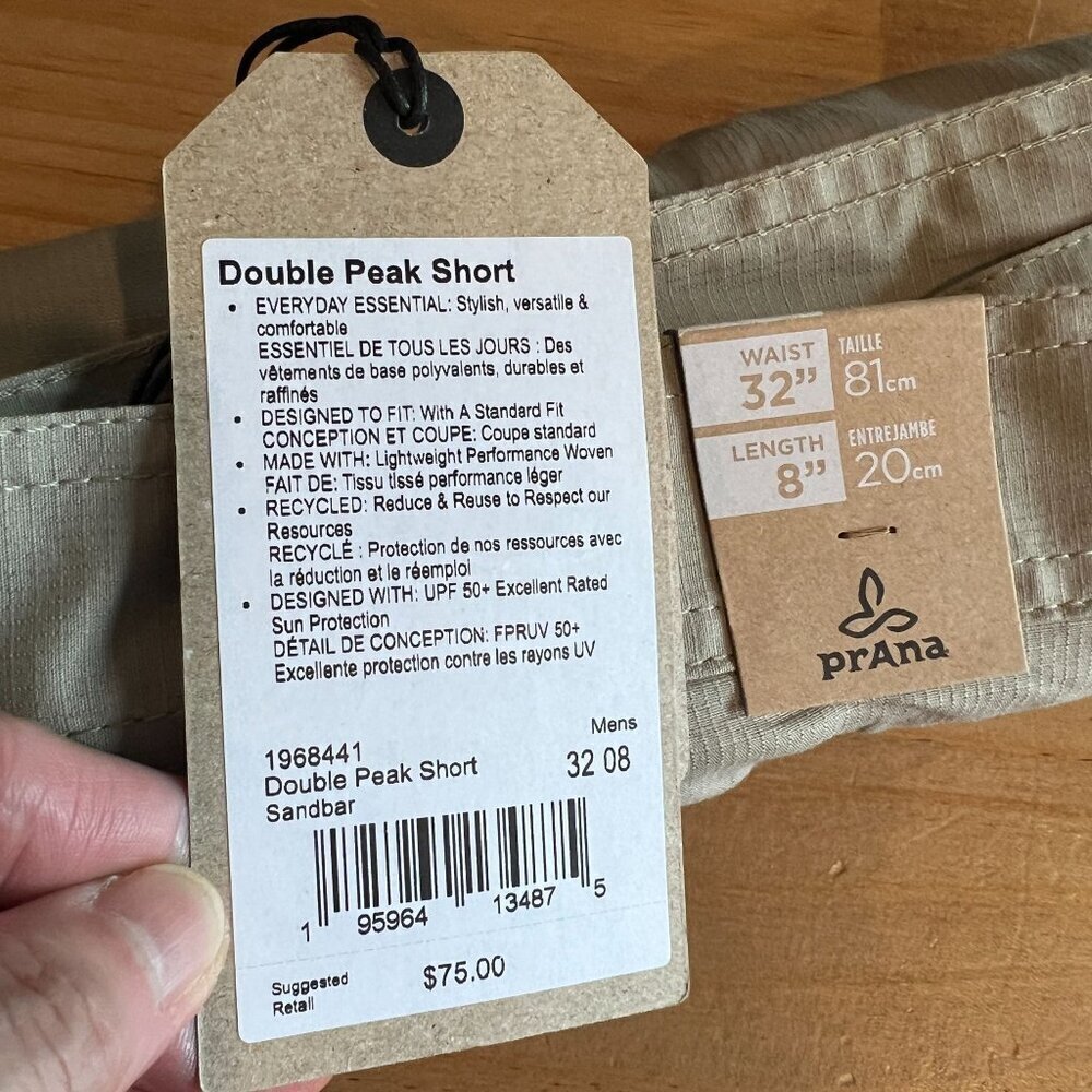 prAna Mens Standard Double Peak Hiking Cargo Short 32"W 8"Length in Sandbar - Picture 8 of 9